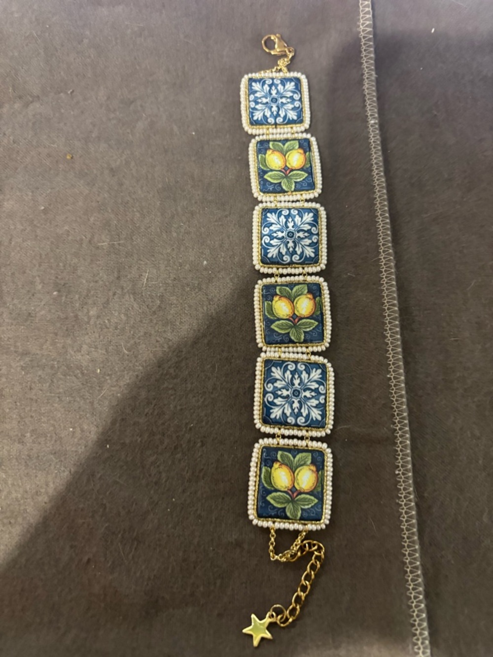 Blue and Yellow mini Ceramic Tile Style Bracelet with lemons handmade